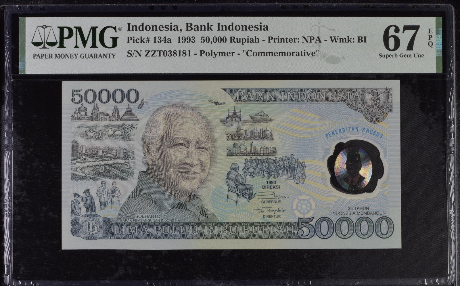 Indonesia Bank Indonesia COMM. 50000 Rupiah 1993 P 134a Polymer UNC PMG 67 EPQ