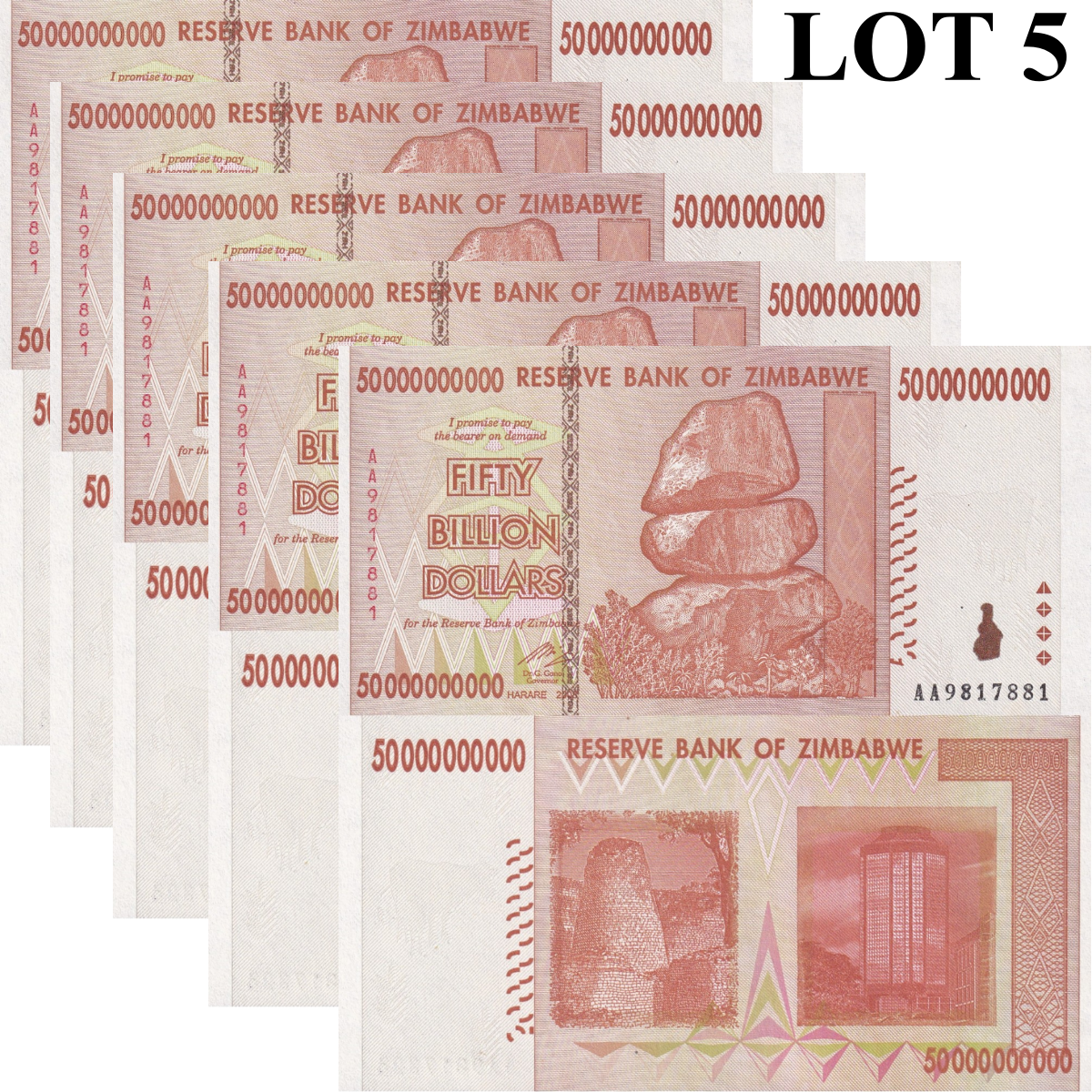 Zimbabwe 5000000000 Dollars 2008 P 87 UNC 1/20 Bundle Lot 5 pcs