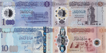 Libya 1 5 10 20 Dinar 2019 2025 P 85 P NEW Paper Polymer UNC Set 4 Lot 3 pcs