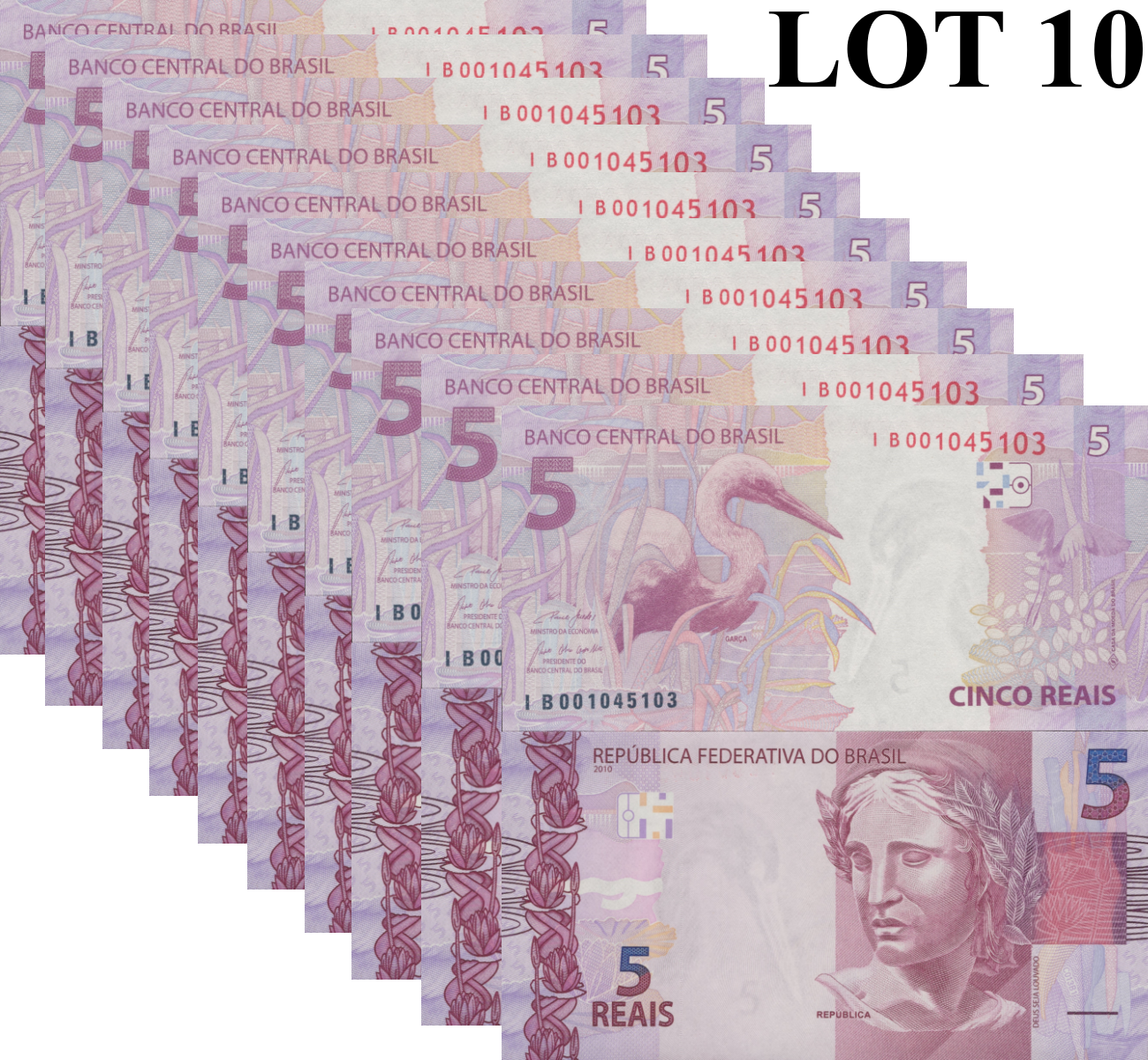 Brazil 5 Reais 2010 P 253 Random Sign UNC 1/10 Bundle Lot 10 pcs