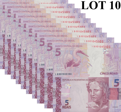 Brazil 5 Reais 2010 P 253 Random Sign UNC 1/10 Bundle Lot 10 pcs