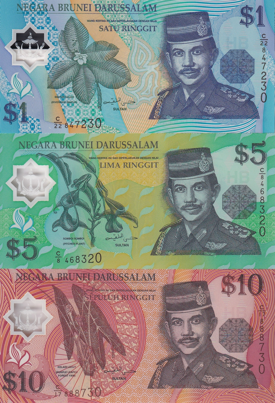 Brunei 1 5 10 Ringgit 1996-2008  P 22 23 24 UNC Set 3 pcs