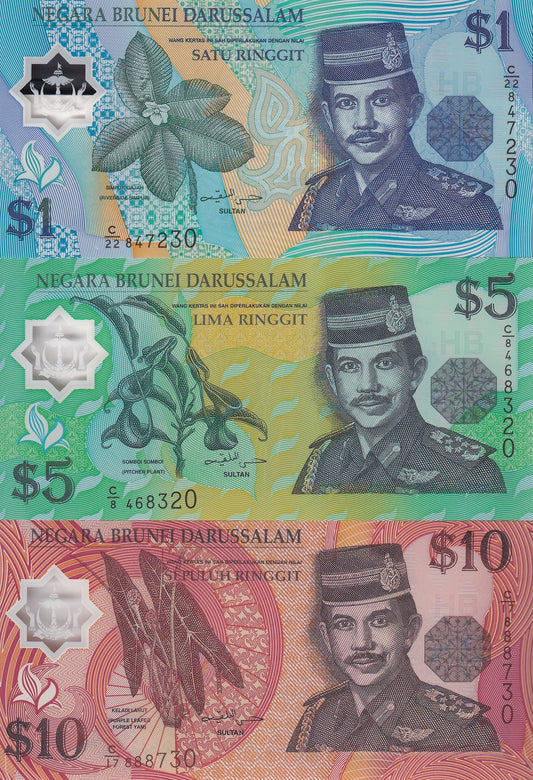 Brunei 1 5 10 Ringgit 1996-2008  P 22 23 24 UNC Set 3 pcs