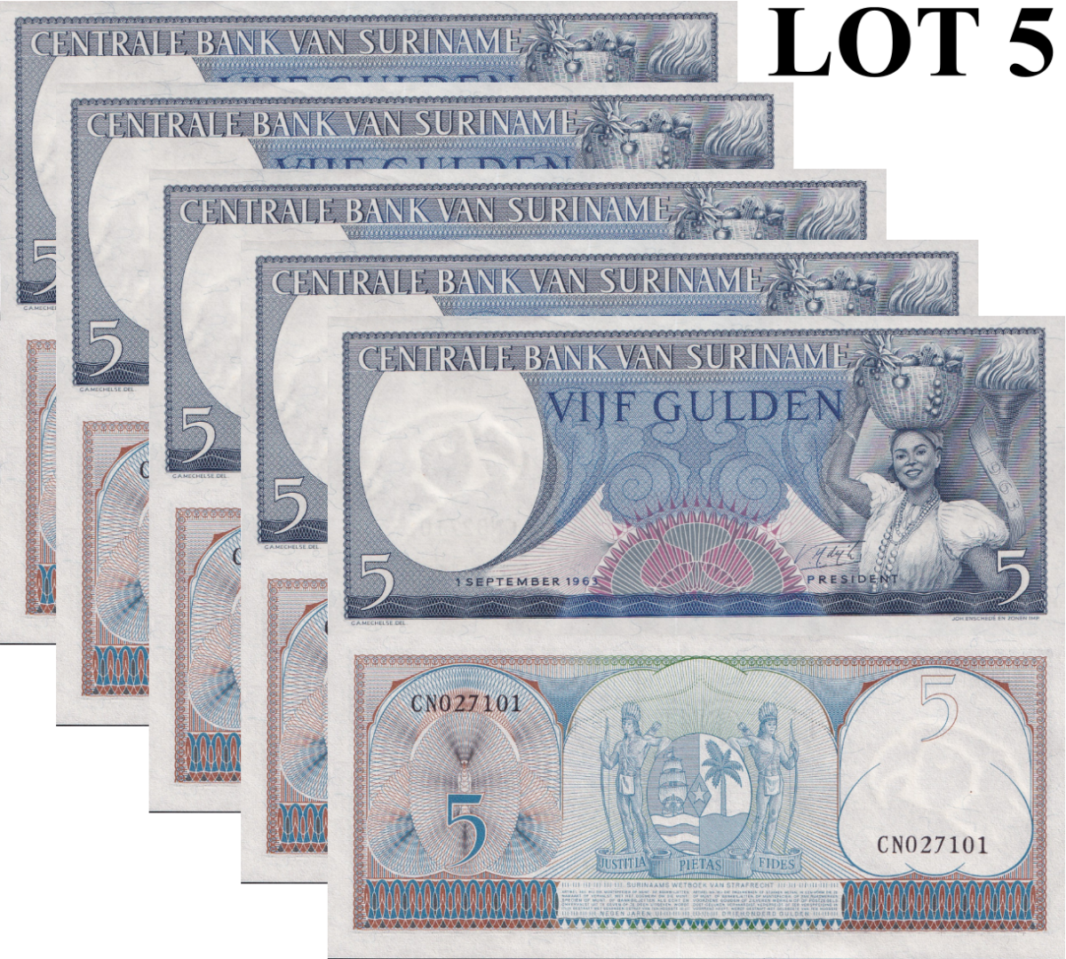 Suriname 5 Gulden 1963 P 120 UNC 1/20 Bundle Lot 5 pcs