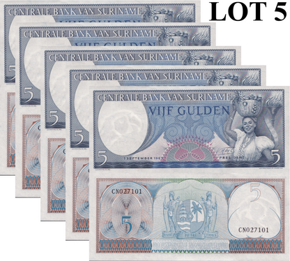 Suriname 5 Gulden 1963 P 120 UNC 1/20 Bundle Lot 5 pcs
