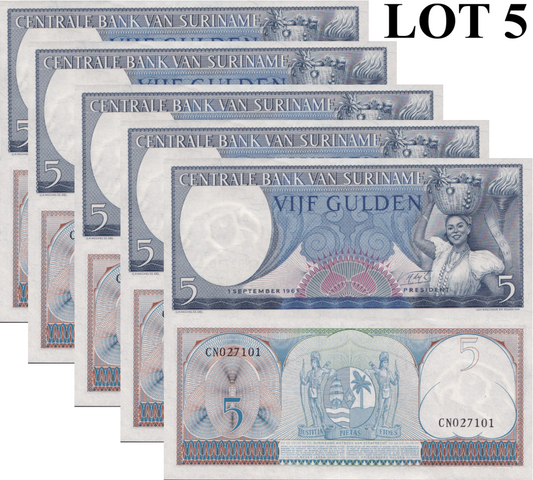 Suriname 5 Gulden 1963 P 120 UNC 1/20 Bundle Lot 5 pcs