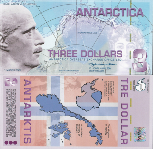 Antarctica 3 Dollars 2007 Polymer TEST NOTE UNC