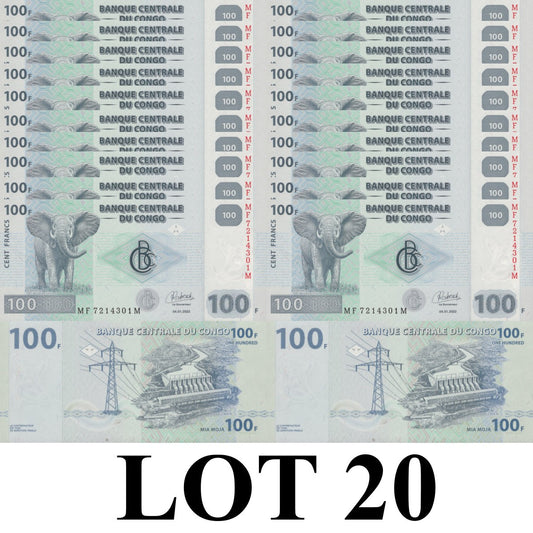 Congo Democratic 100 Francs 2022 P 98 UNC 1/5 Bundle Lot 20 pcs