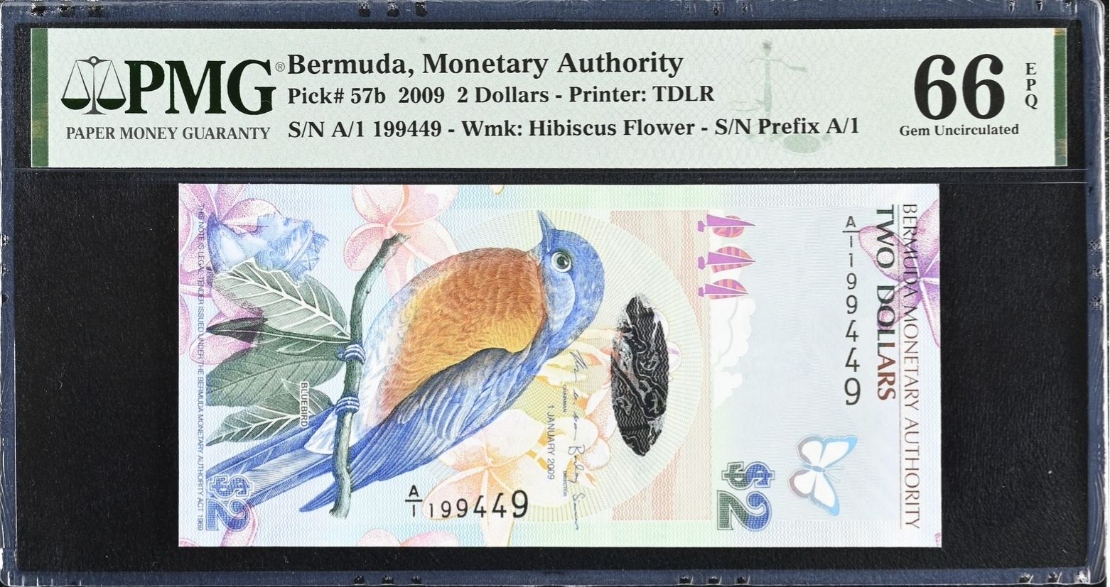 Bermuda 2 Dollars 2009 P 57b UNC PMG 66 EPQ A/1 Prefix 3rd TOP POP