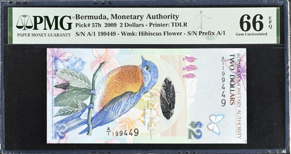 Bermuda 2 Dollars 2009 P 57b UNC PMG 66 EPQ A/1 Prefix 3rd TOP POP