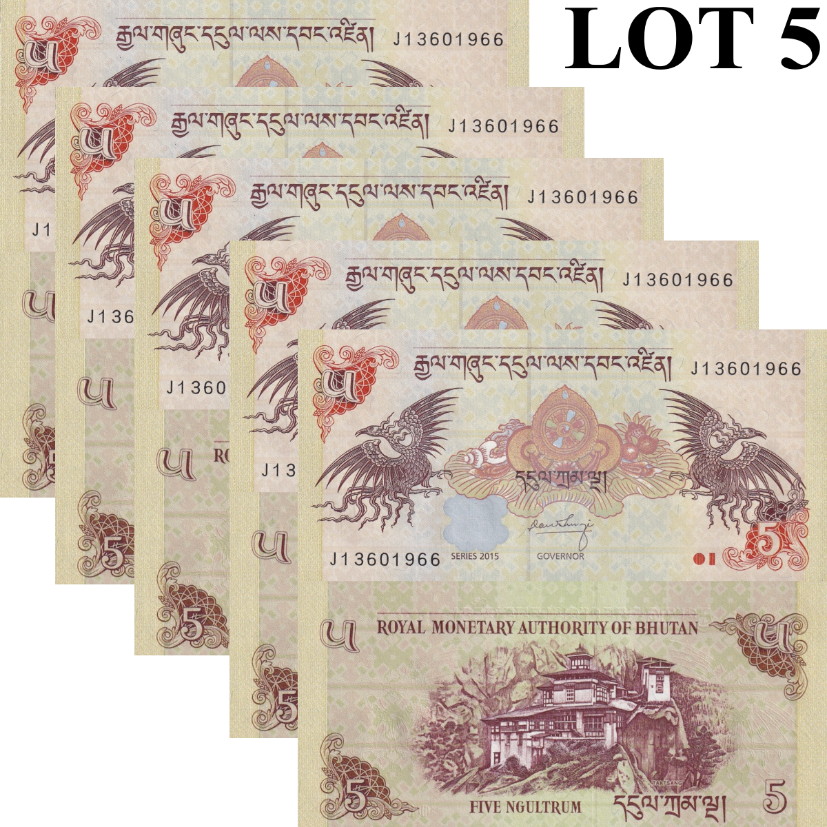 Bhutan 5 Ngultrum 2015 P 28c UNC 1/20 Bundle Lot 5 pcs
