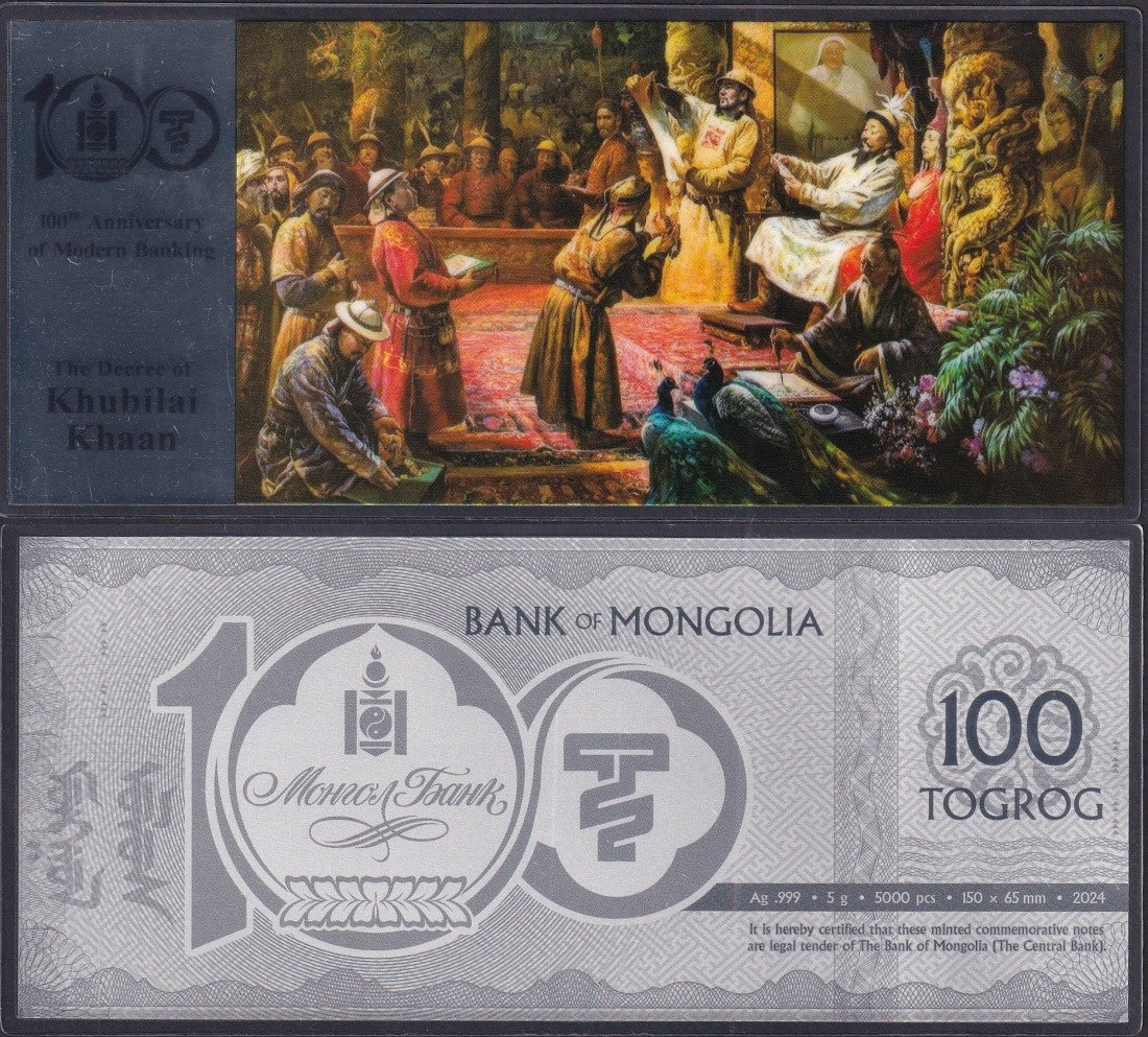 Mongolia 2024 Silver Note The Decree of Khubilai Khaan UNC With Folder