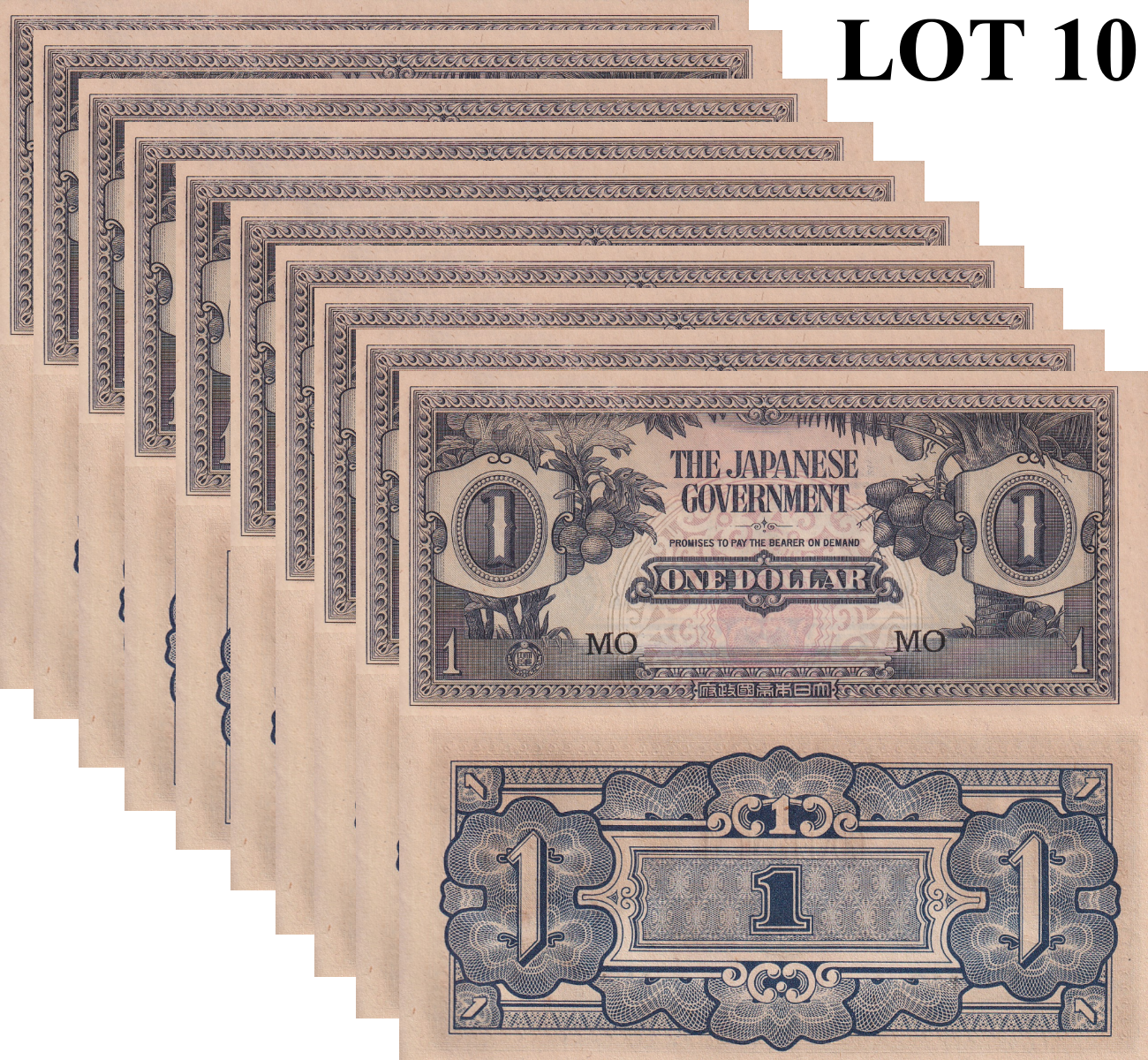 Malaya Japanese Occupation WWII 1 Dollar ND 1942 P M5c UNC FOXING Lot 10 pcs