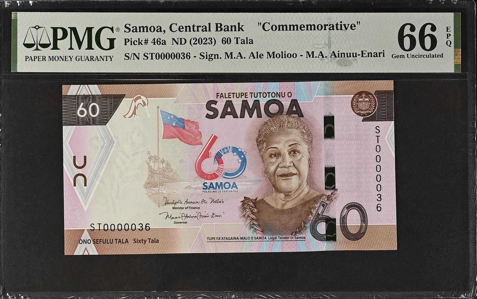 Samoa Commemorative 60 Tala ND (2023) P 46a UNC PMG 66 EPQ LOW S/N 0000036