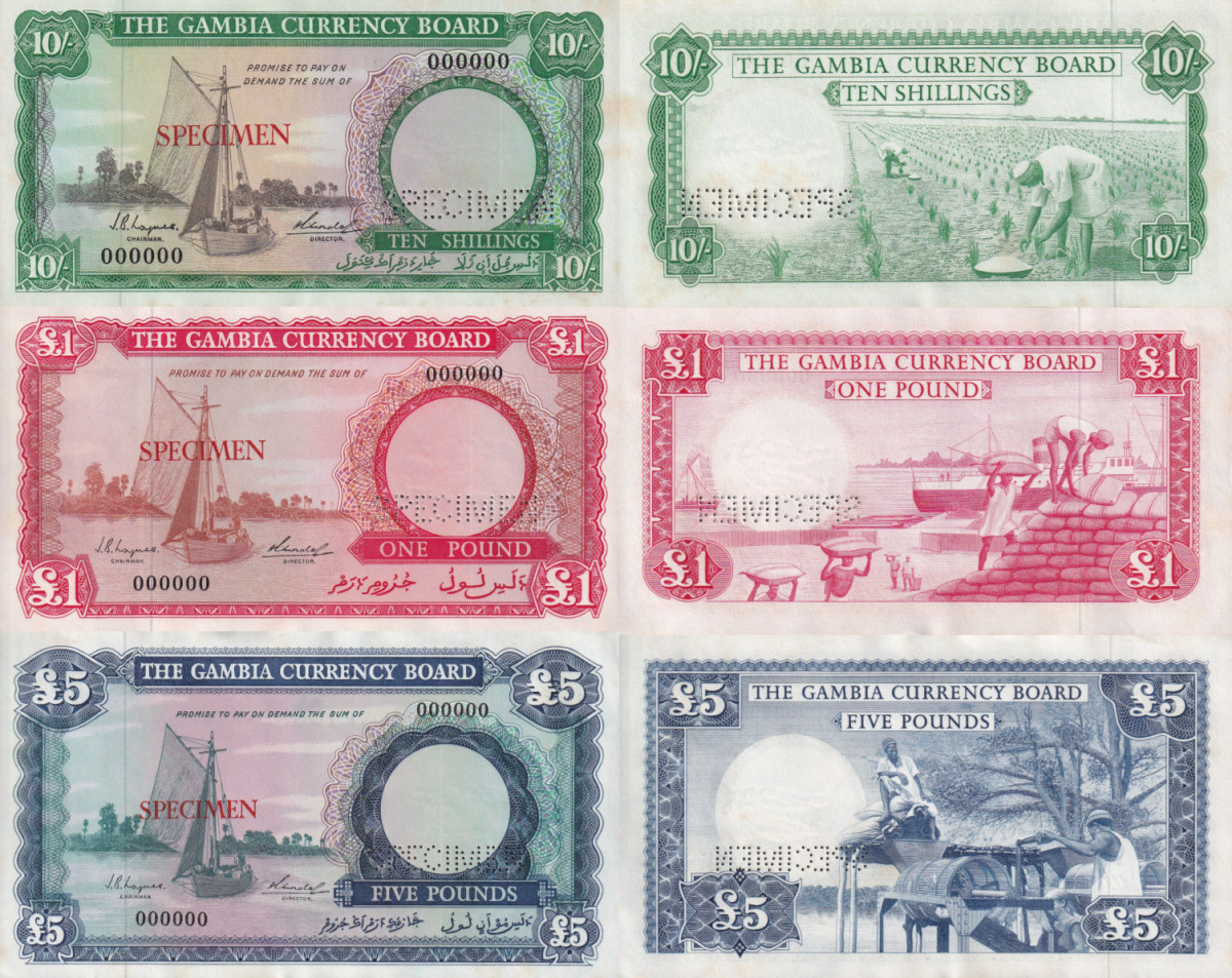Gambia 10 Shillings 1 5 Pound ND 1965-1970 P 1 2 3 UNC SPECIMEN Foxing Set 3 pcs