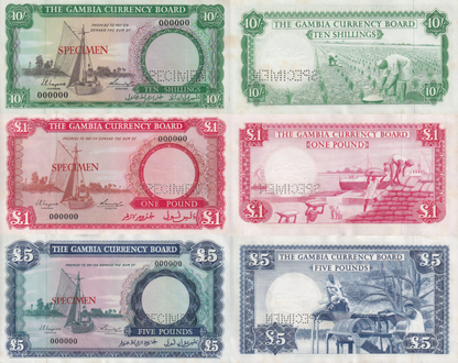Gambia 10 Shillings 1 5 Pound ND 1965-1970 P 1 2 3 UNC SPECIMEN Foxing Set 3 pcs