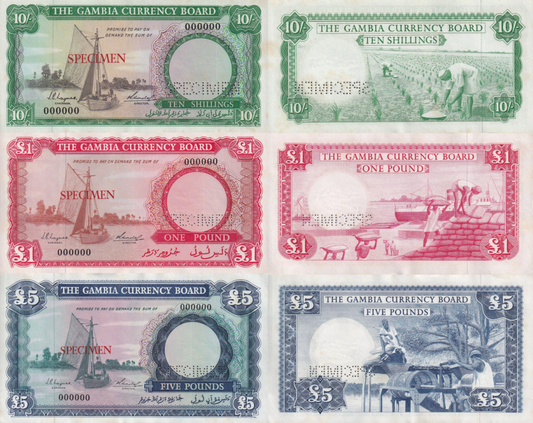 Gambia 10 Shillings 1 5 Pound ND 1965-1970 P 1 2 3 UNC SPECIMEN Foxing Set 3 pcs