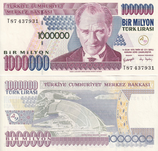 Turkey 1000000 (1 million) Lira 1970 (2002) P 213 UNC