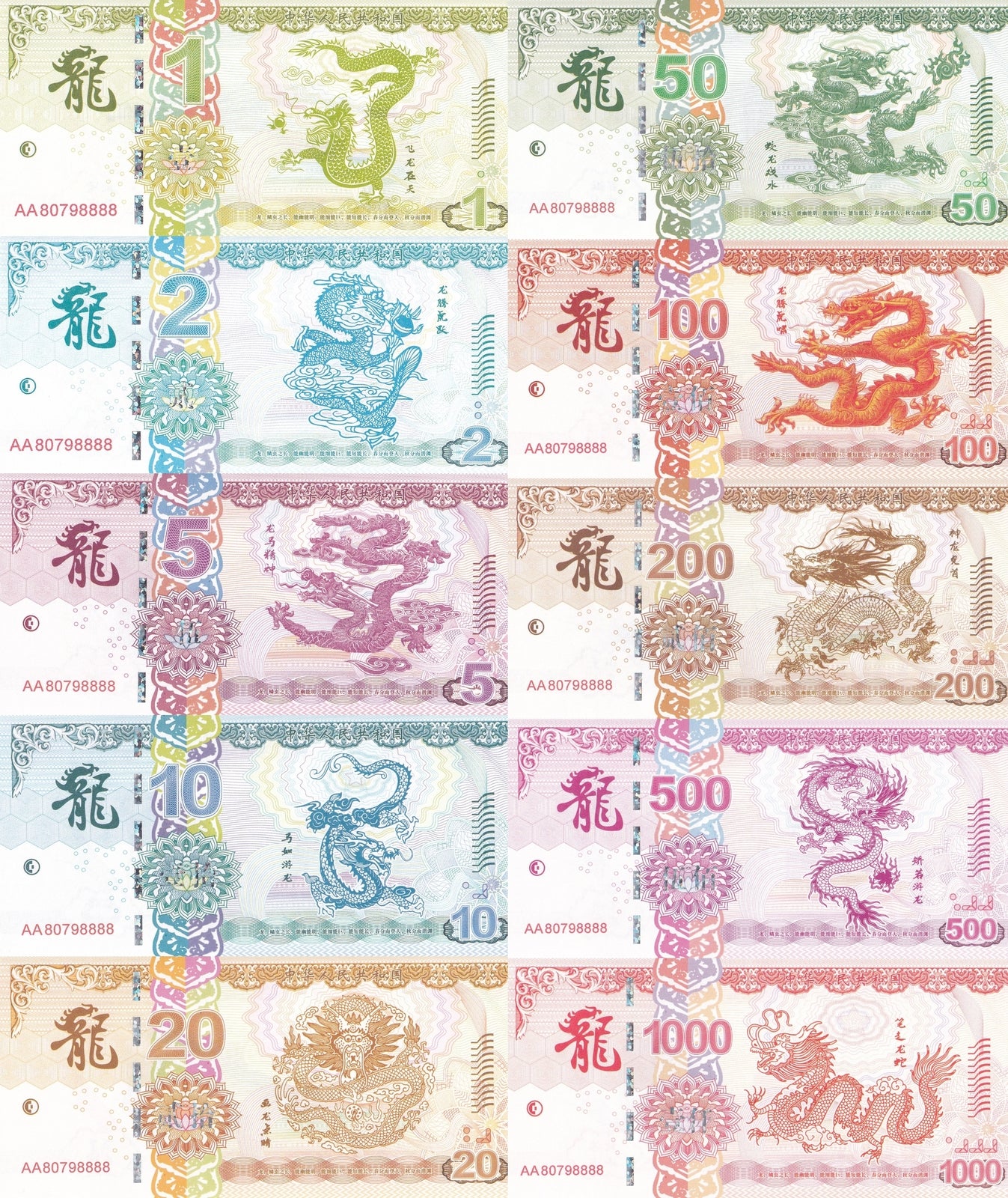 Dragons Fluorescent COMM. Coupons of Dragon Zodiac UNC Private Issue Set 10 pcs