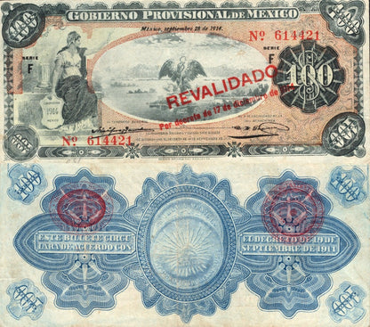 Mexico 100 Peso 1914 P S708b Circulated SERIE F