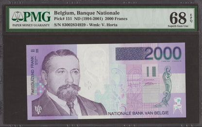 Belgium 2000 Francs ND (1994-2001) P 151 UNC PMG 68 EPQ 2nd TOP POP