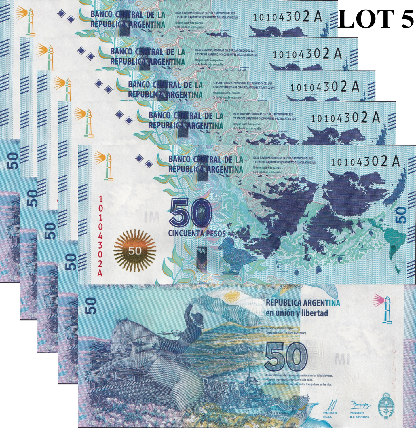 Argentina 50 Pesos ND(2015) P 362a COMM. UNC 1/20 Bundle Lot 5 pcs