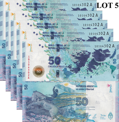 Argentina 50 Pesos ND(2015) P 362a COMM. UNC 1/20 Bundle Lot 5 pcs
