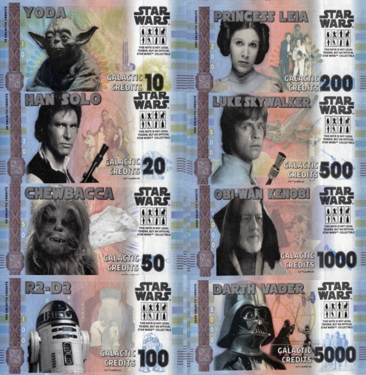 Disney Official Star Wars 10 20 50 - 5000 Galactic Credits 2025 UNC Set 8 pcs
