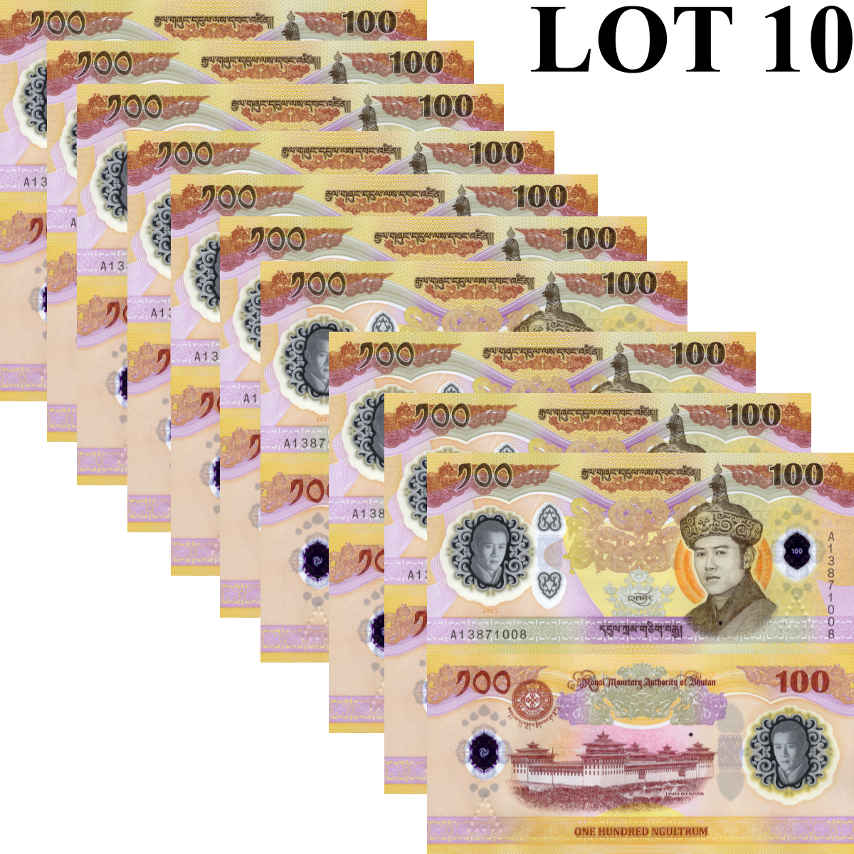 Bhutan 100 Ngultrum 2025 / 2026 P NEW Polymer UNC COMM. 1/10 Bundle Lot 10 pcs