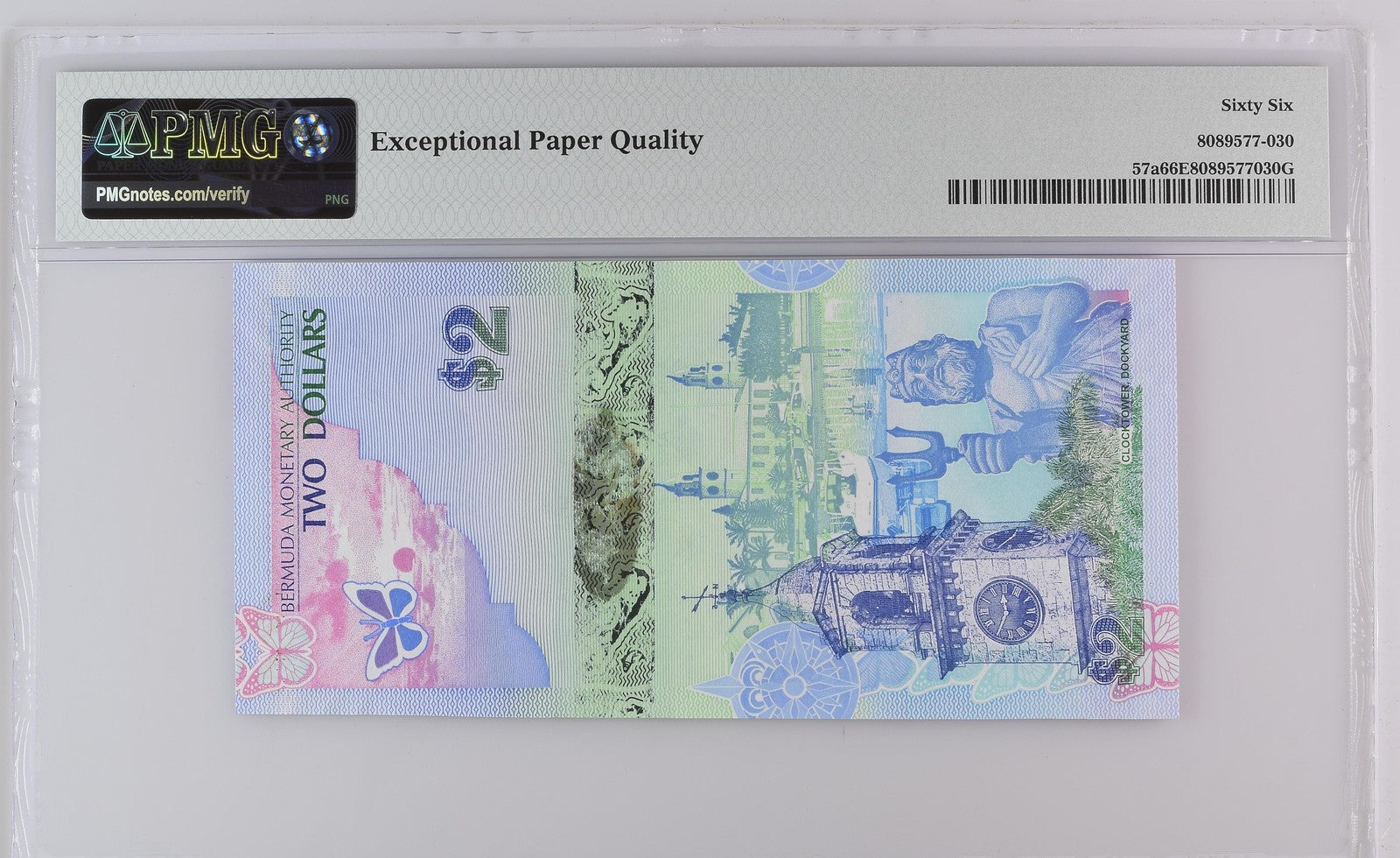 Bermuda Monetary Authority 2 Dollars 2009 P 57a UNC PMG 66 EPQ Onion Prefix