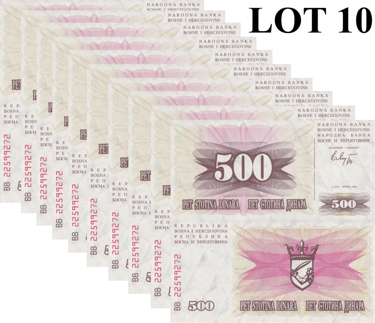 Bosnia & Herzegovina 500 Dinara 1992 P 14 UNC 1/10 Bundle Lot 10 pcs