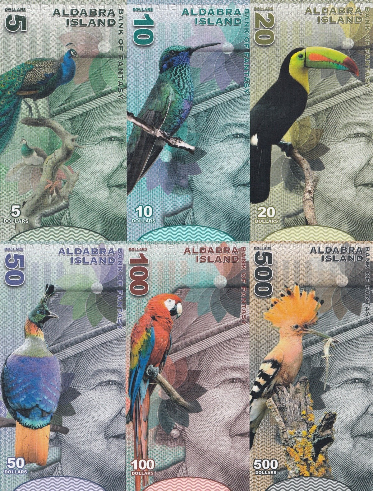 Aldabra Island 5 10 20 50 100 500 Dollars 2018 UNC Set 6 pcs Matching No.