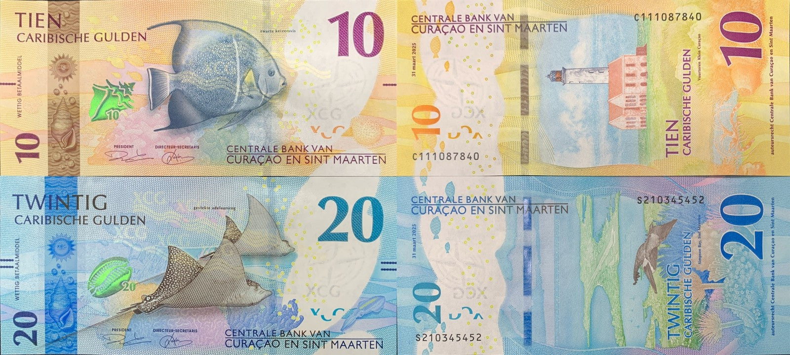 Curacao & Sint Maarten 10 20 Caribische Gulden 2025 P New Issue UNC Set 2 pcs
