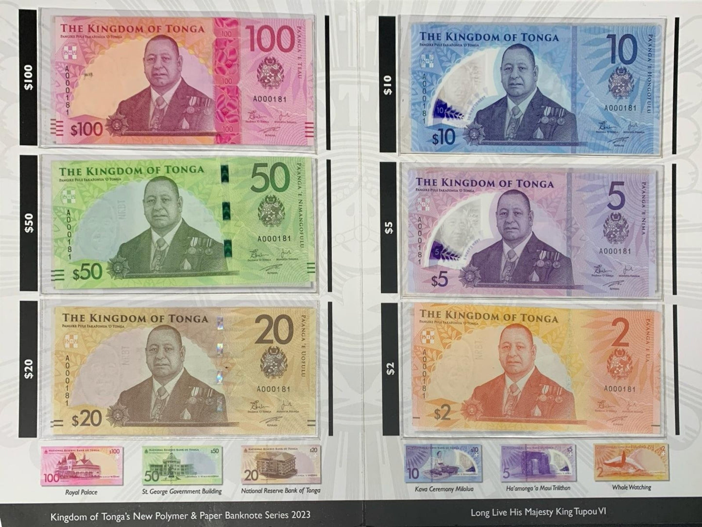 Tonga 2-100 Pa'anga 2023 P 50-55 Paper Polymer UNC Set 6 p Match LOW No. 181 W/F