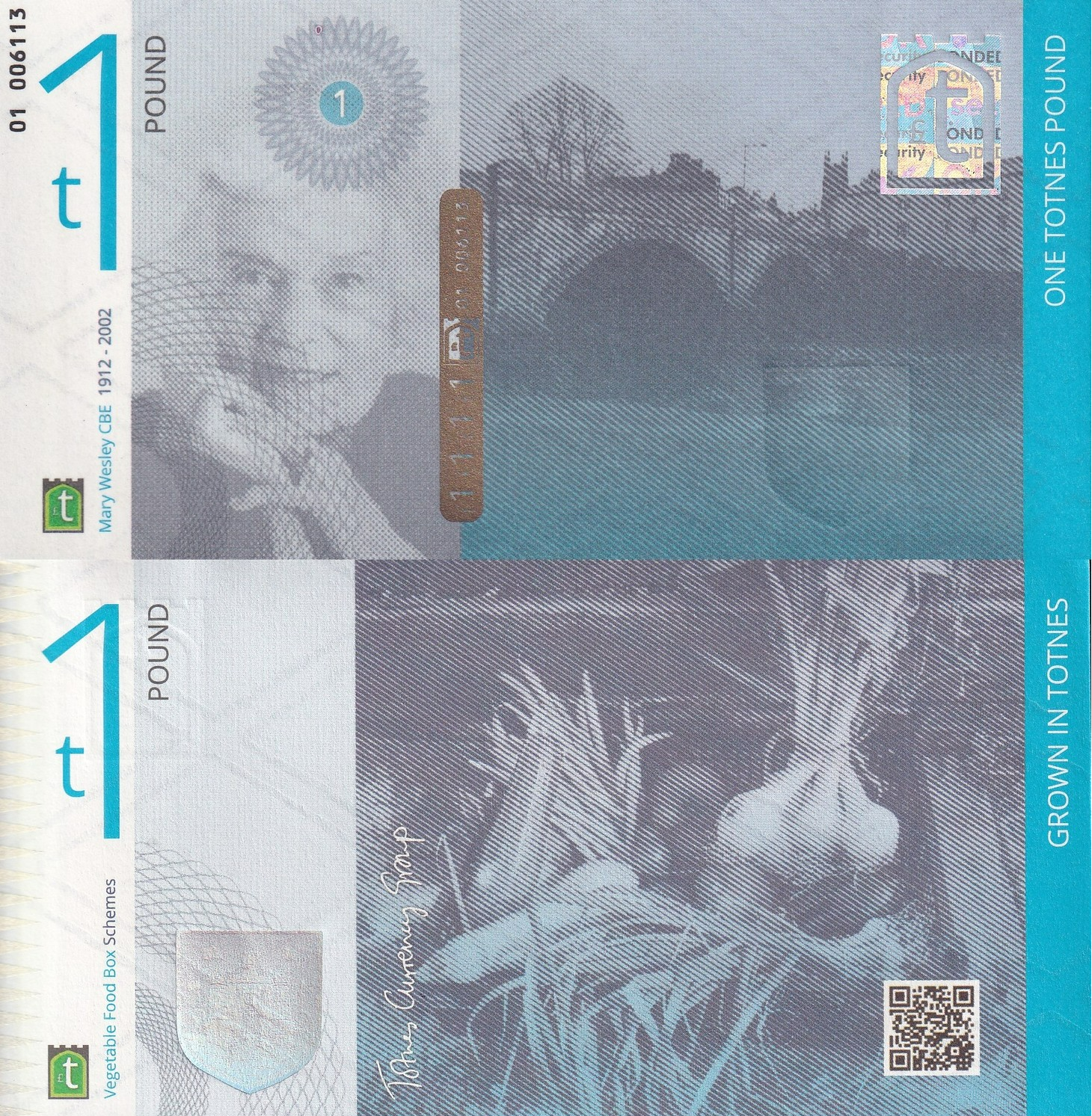 British 1 Totnes Poumd Mary Wisley CBE UNC LOW SERIAL NO. 00XXXX