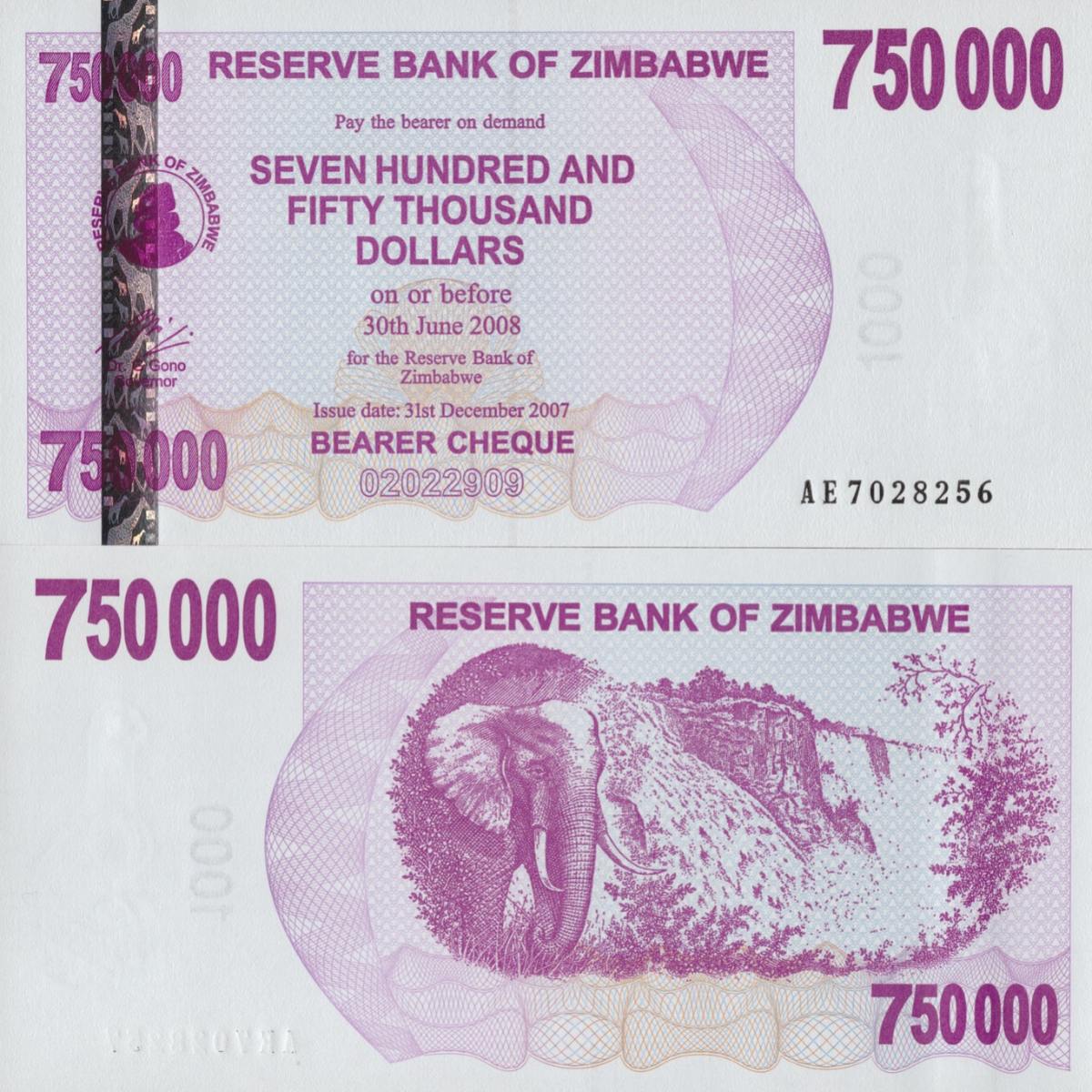 Zimbabwe 750000 Dollars 2007 P 52 UNC 1/10 Bundle Lot 10 pcs
