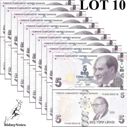 Turkey 5 Turk Lirasi 2009/2022 P 222 UNC 1/10 Bundle LOT 10 pcs