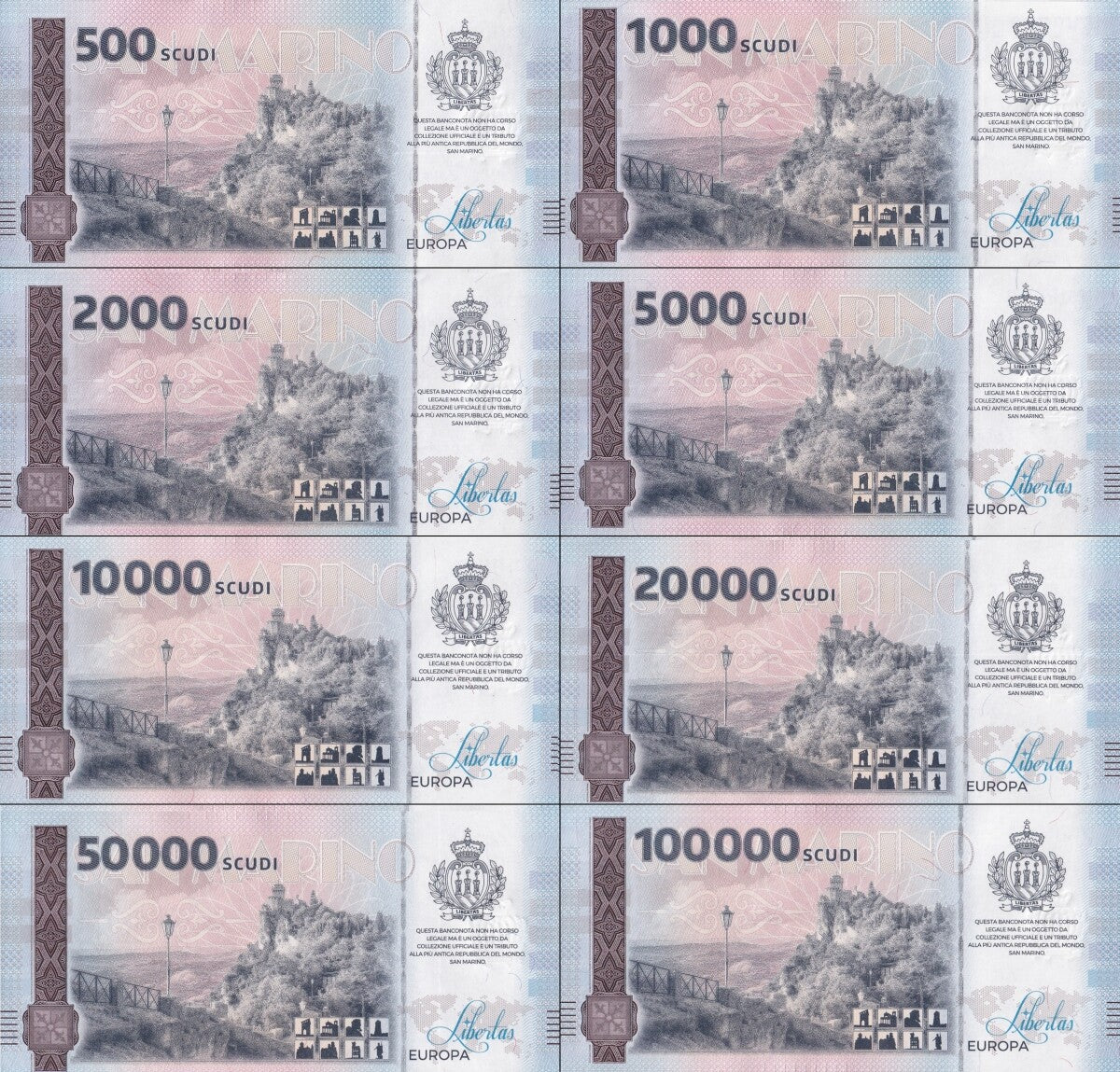 San Marino Republic set of Eight Souvenir Note UNC COMM. Test Note Set 8 pcs