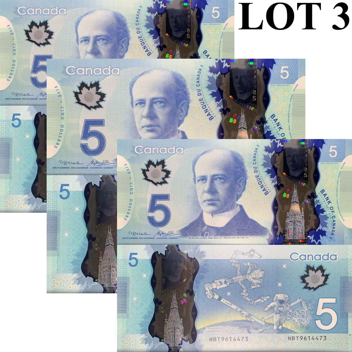 Canada 5 Dollars 2013 P 106b Polymer UNC Lot 3 pcs