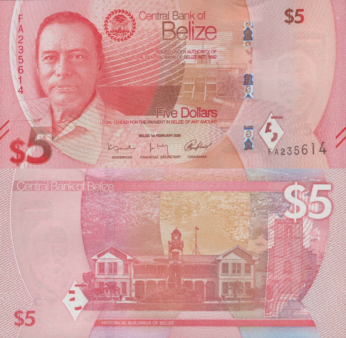 Belize 5 Dollars 2025 P New Issue UNC 1/10 Bundle LOT 10 pcs