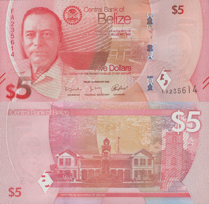 Belize 5 Dollars 2025 P New Issue UNC 1/10 Bundle LOT 10 pcs