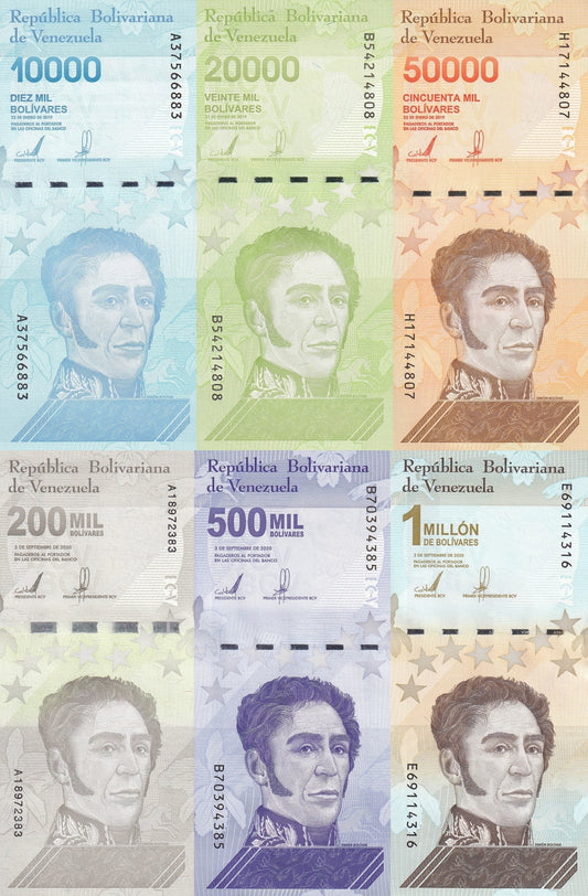 Venezuela 10000 20000 50k-500k 1 Million 2019-2020 P 109-114 UNC Set 6 pcs