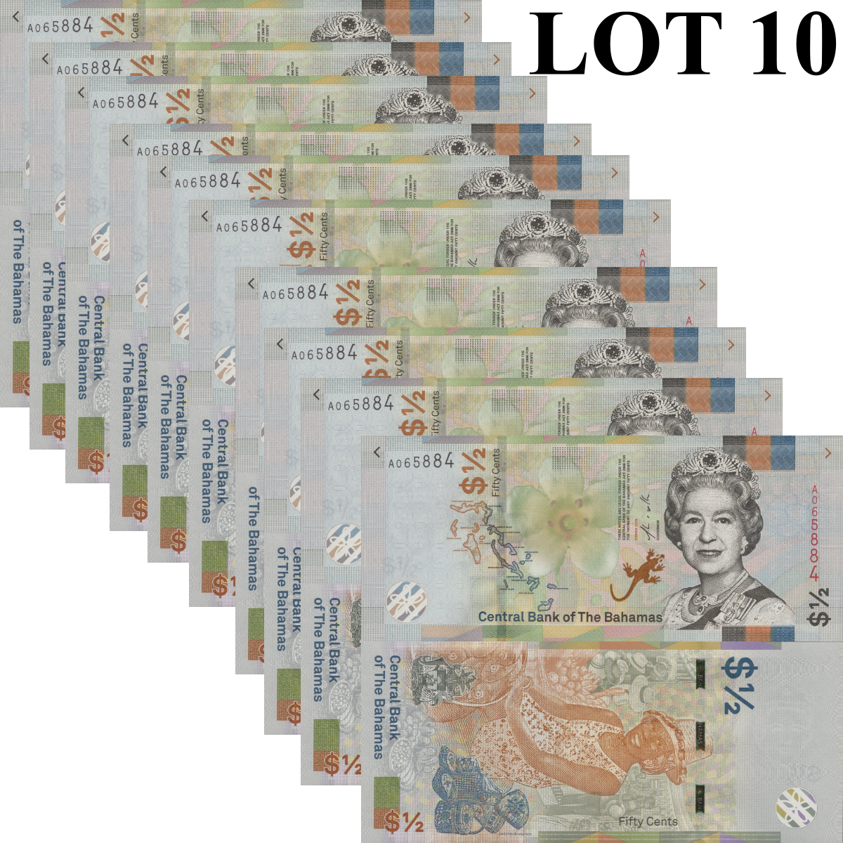 Bahamas 1/2 Dollar 2019 P A77 QEII UNC 1/10 Bundle Lot 10 pcs