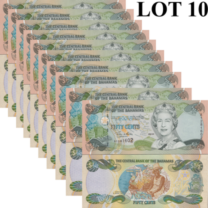 Bahamas 50 Cents 1/2 Dollar 2001 P 68 QEII UNC 1/10 Bundle Lot 10 pcs