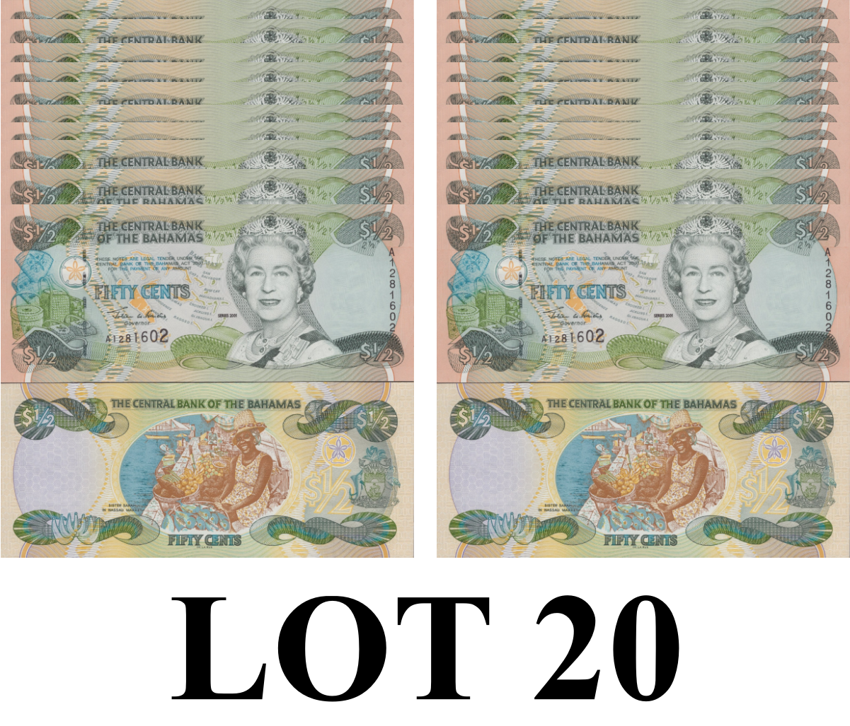 Bahamas 1/2 Dollar 2001 P 68 UNC 1/5 Bundle Lot 20 pcs