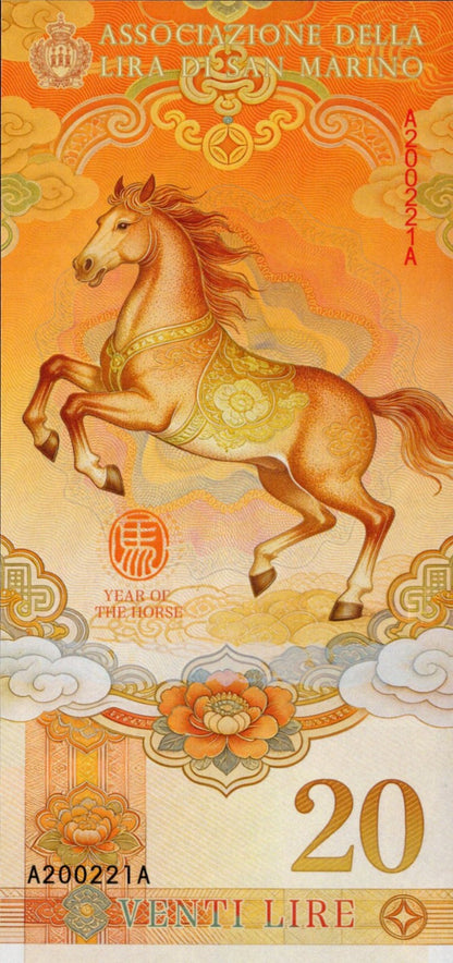San Marino TEST NOTE 20 Lire 2026 Year of Horse Commemorative Banknote UNC