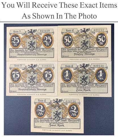Germany Notgeld BELGARD 25 50 75 Pfennig 1 Mark 1921 Full Set 5 pcs