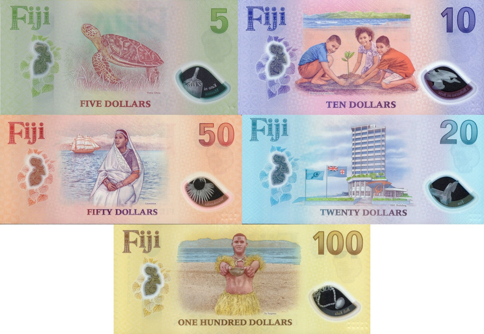 Fiji $5-100 2026 P New polymer Desing UNC AA Prefix Match LOW S/N W/Folder Set 5