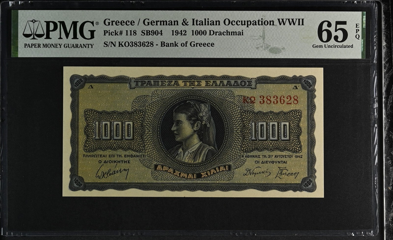 Greece German Italian Occupation WWII 1000 1942 P 118 UNC PMG 65 EPQ 3rd TOP POP