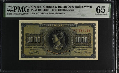 Greece German Italian Occupation WWII 1000 1942 P 118 UNC PMG 65 EPQ 3rd TOP POP